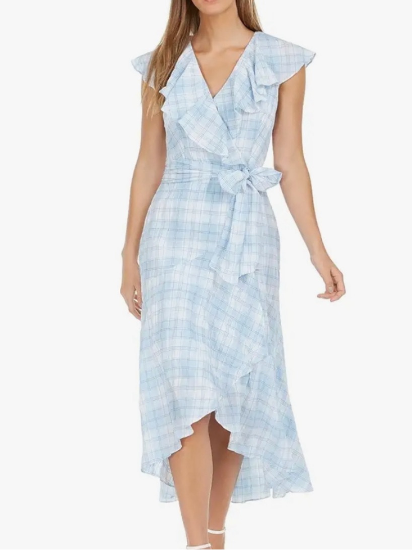 Calvin Klein Gauze Plaid Ruffled Faux Wrap High Low Cotton Midi Dress Sz 8
